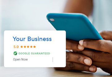A woman is on her smart phone searching for a business and she is viewing a Google Guaranteed badge with 5 stars.